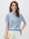 Women's Silk-Cotton Blend Peter Pan Collar Pointelle Knit Short Sleeve Top