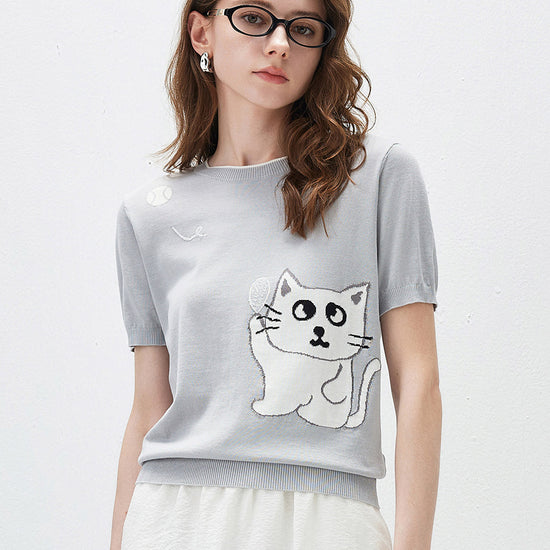 COMOBOCA Women's Cat And Tennis Intarsia Knit T-Shirt