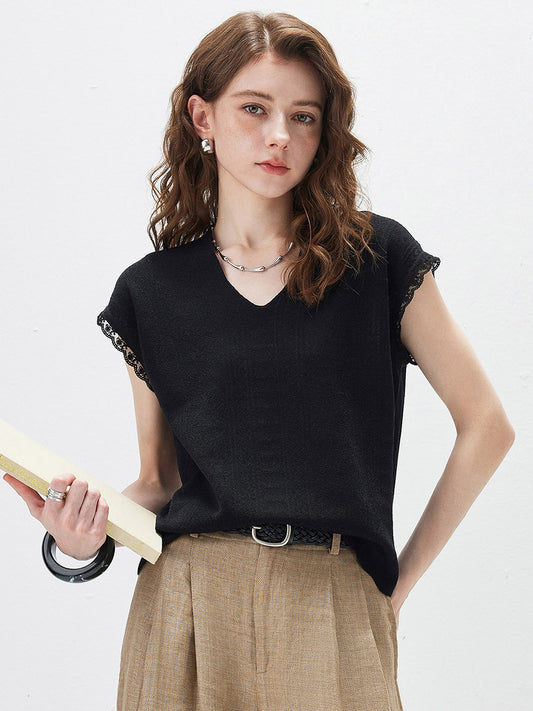 Women's V-Neck Silk-Cotton Jacquard Knit Short Sleeve T-Shirt