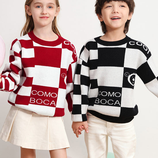 COMOBOCA 100% Wool Kids' Color Block Round Neck Sweater