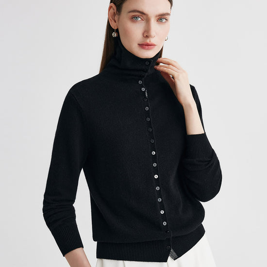 COMOBOCA Black 100% Cashmere Women's Turtleneck Button-Up Cardigan