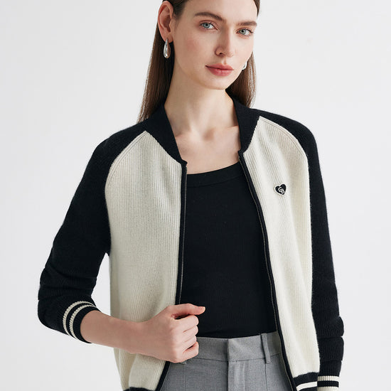 COMOBOCA Cloudy 100% Cashmere Women's Color Block Knit Baseball Jacket