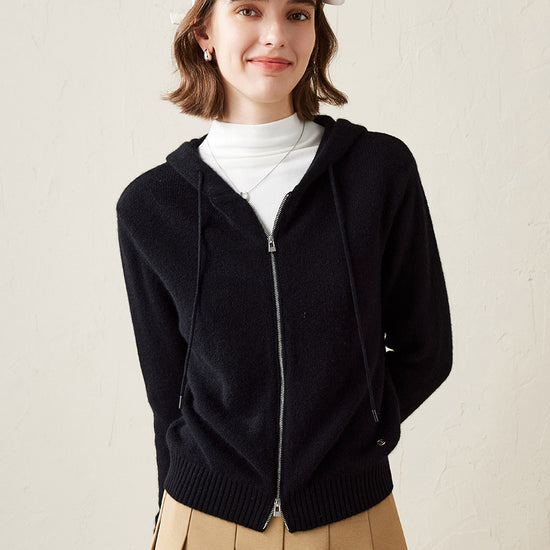 COMOBOCA Black 100% Cashmere Women's Knit Zip Cardigan Hoodie