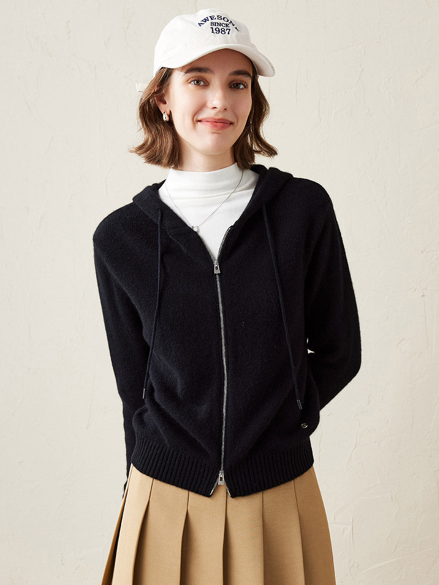 COMOBOCA Black 100% Cashmere Women's Knit Zip Cardigan Hoodie