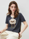 Women's mulberry Silk Knit Top with Patterned Jacquard & U-Neck