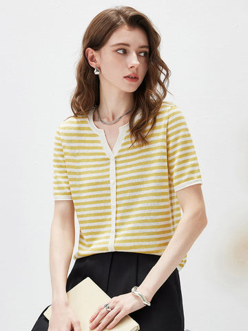 Women’s Linen Blend Striped Knit Pullover Short Sleeve T-Shirt