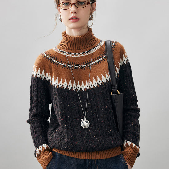 COMOBOCA 100% Cashmere Women's Cable Fair Isle Turtleneck Sweater