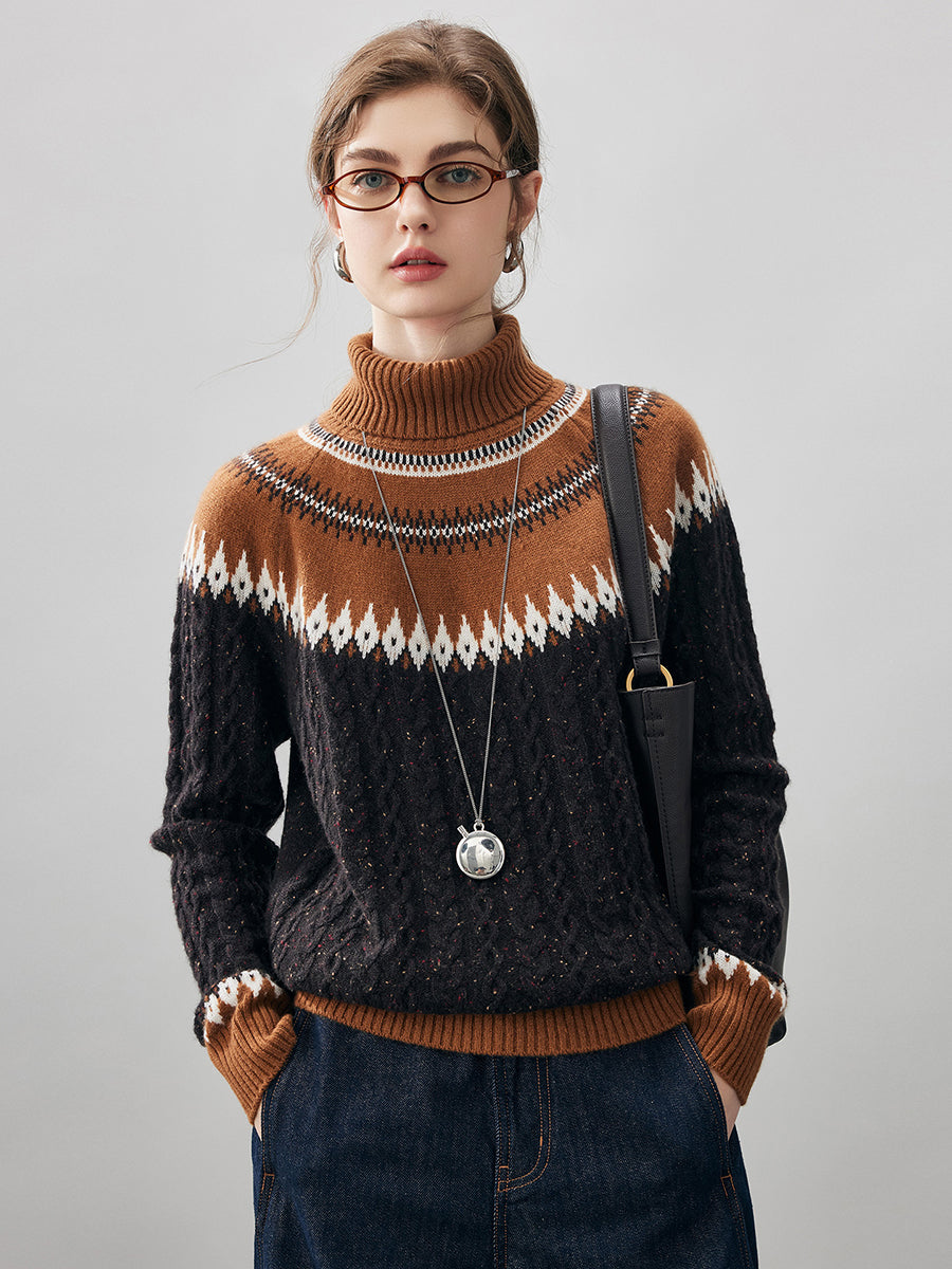 COMOBOCA 100% Cashmere Women's Cable Fair Isle Turtleneck Sweater