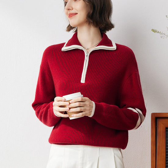 COMOBOCA Red 100% Cashmere Women's Contrast Trim Zip Sweater