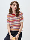Women’s Crew Neck Silk-Cotton Jacquard Striped Short-Sleeve Knit T-shirt