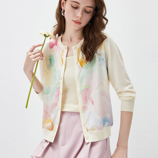 COMOBOCA Women's Floral Print Panel Knit Cardigan