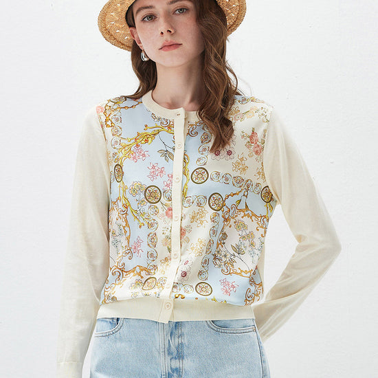 COMOBOCA Light Blue Women's Printed Panel Knit Cardigan