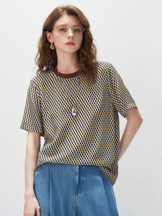 100% Silk Women's  Vintage Print Crew Neck Short Sleeve T-Shirt