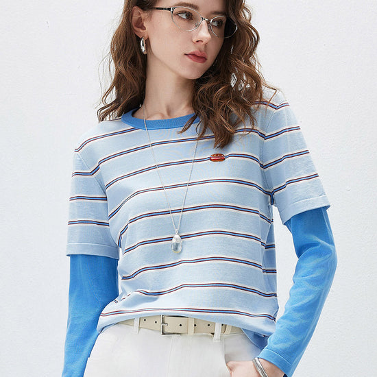 COMOBOCA Blue Women's Layered Striped Round Neck Knit Sweater