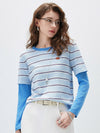 COMOBOCA Blue Women's Layered Striped Round Neck Knit Sweater