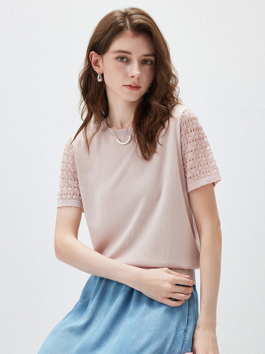 COMOBOCA Women's Lace Round Neck Knit T-Shirt