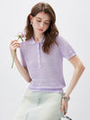 Women's Silk-Cotton Blend Peter Pan Collar Pointelle Knit Short Sleeve Top