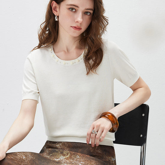 COMOBOCA Women's Rhinestone Trim Knit T-Shirt