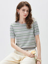Women's Silk-Cotton Jacquard Stripe Knit Crew Neck Short Sleeve T-Shirt