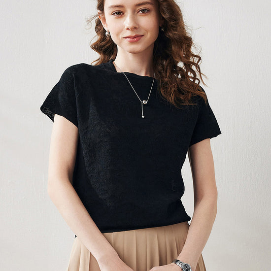 COMOBOCA Black Women's Lace Patterned Knit T-Shirt