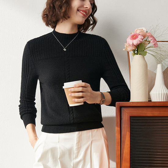 COMOBOCA BLACK 100% Cashmere Women's Mock Neck Cable Knit Sweater