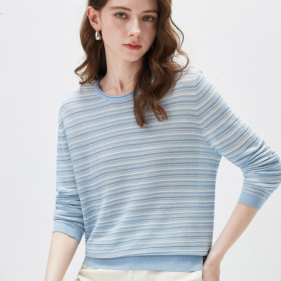 COMOBOCA Women's Striped Mesh Knit Round Neck Sweater