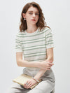 Women's Silk-Cotton Jacquard Stripe Knit Crew Neck Short Sleeve T-Shirt