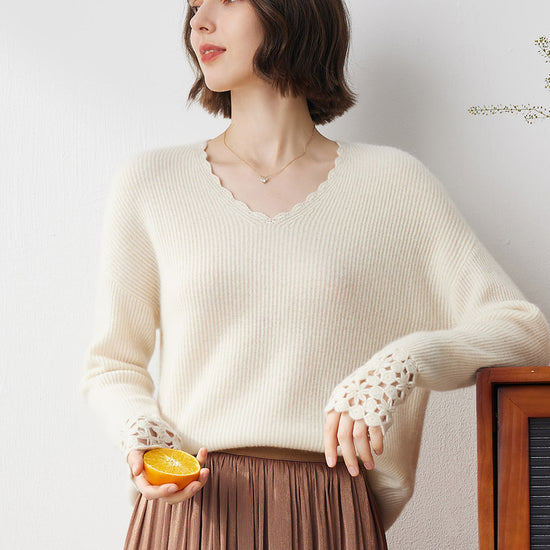 COMOBOCA BEIGE 100% Cashmere Women's V-Neck Loose Knit Sweater