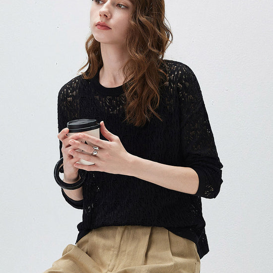 COMOBOCA Women's Openwork Round Neck Knit Sweater