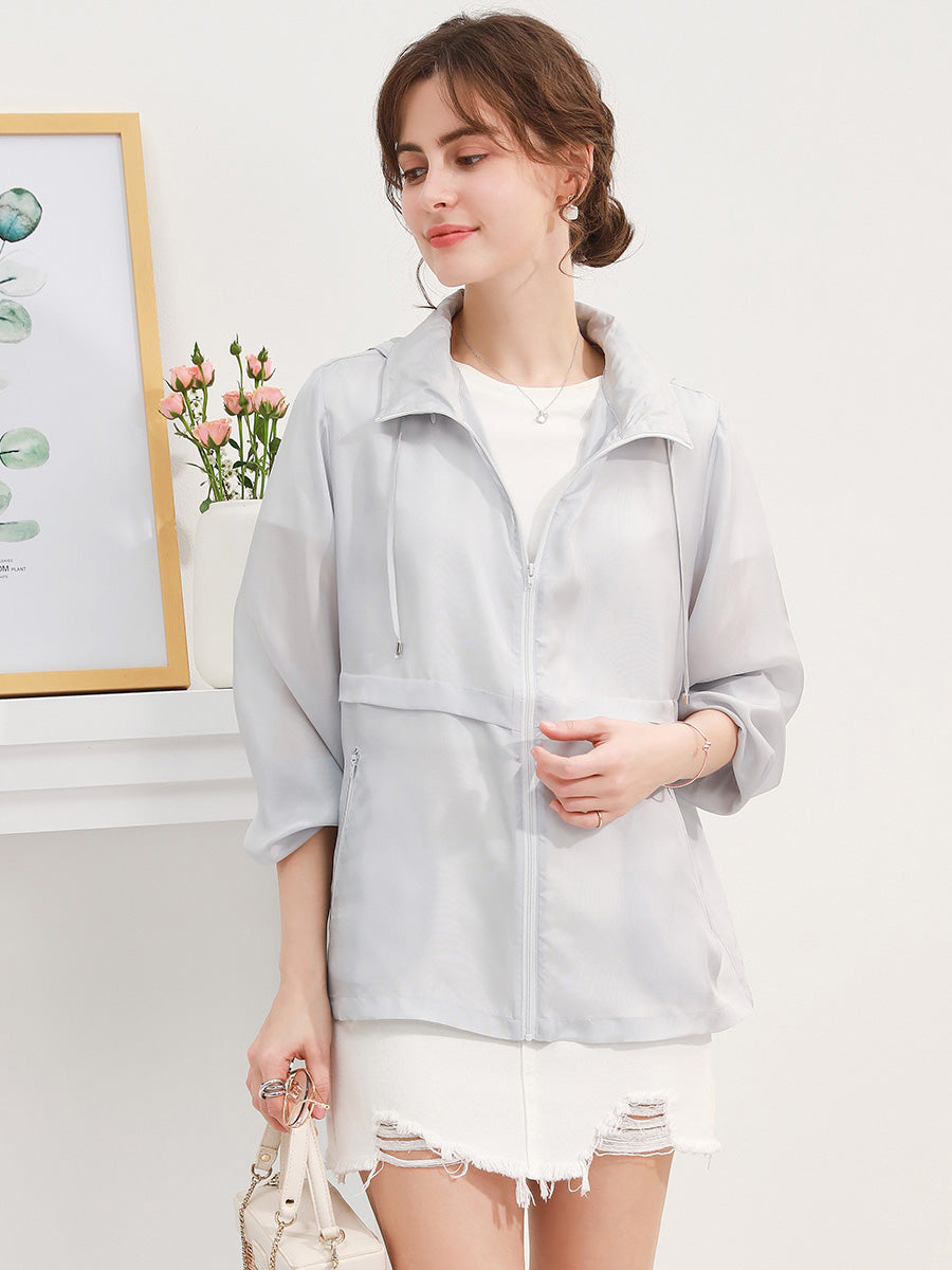 COMOBOCA One size Light Gray 100% Mulberry Silk Women's Zip Up Hooded Jacket