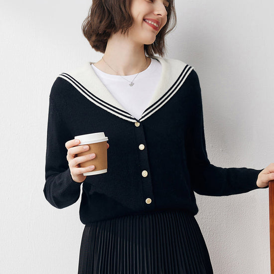 COMOBOCA Black 100% Cashmere Women's Sailor Collar Cardigan