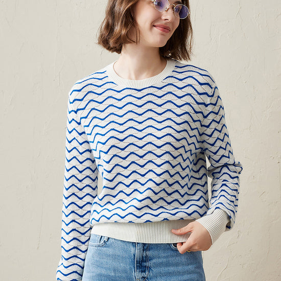 COMOBOCA Blue 100% Cashmere Women's Wave Pattern Knit Sweater