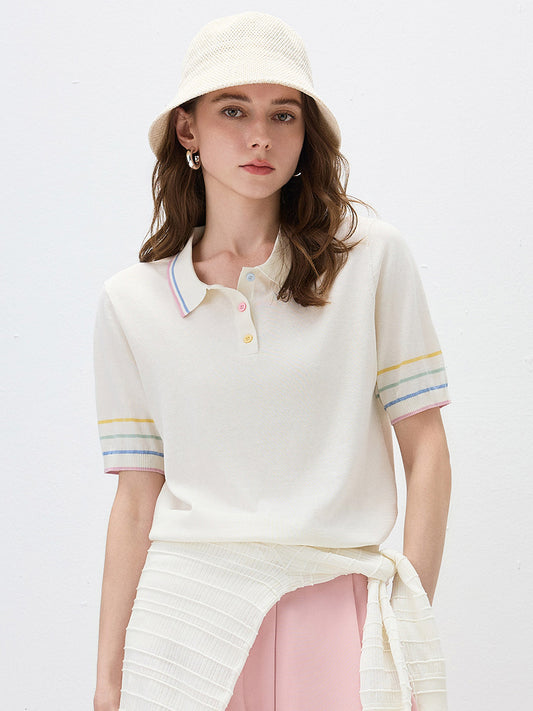 COMOBOCA White Women's Knit Polo Top with Rainbow Stripes