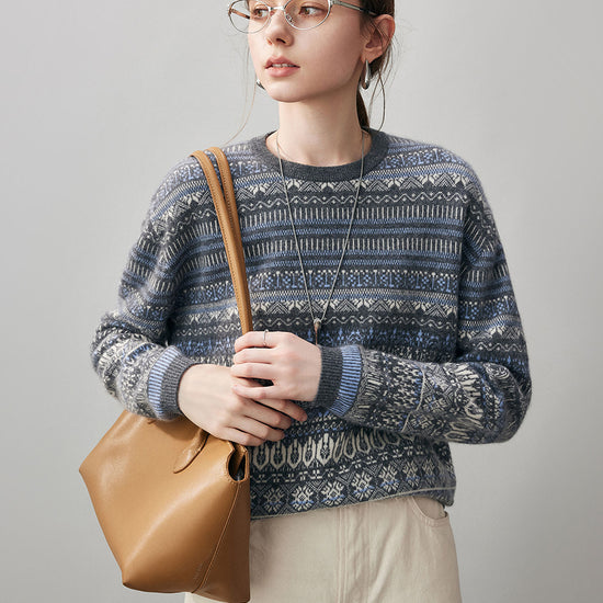 COMOBOCA 100% Cashmere Women's Fair Isle Round Neck Sweater