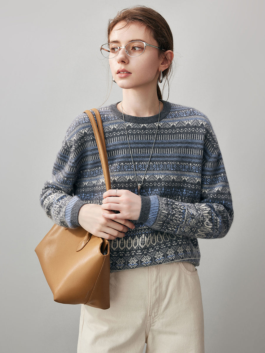 COMOBOCA 100% Cashmere Women's Fair Isle Round Neck Sweater