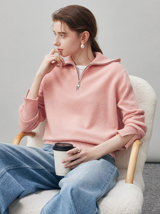 COMOBOCA 100% Cashmere Women's Half Zip Mock Neck Knit Sweater