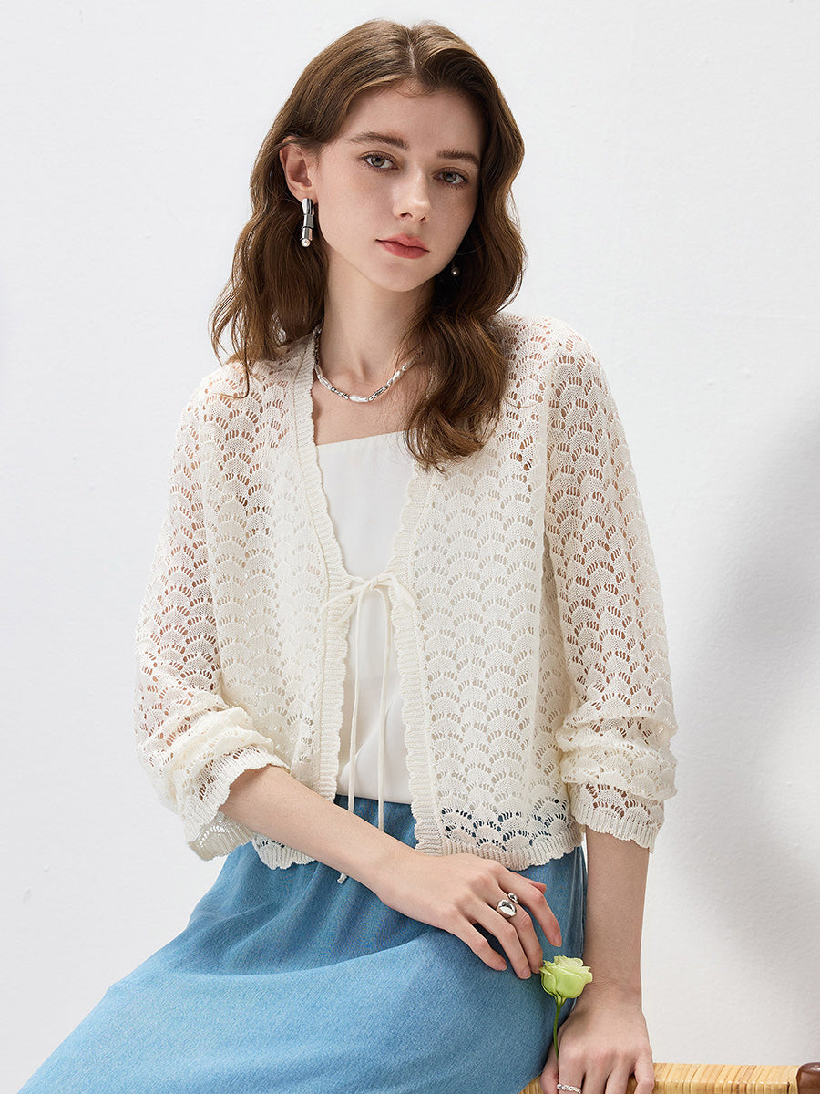 COMOBOCA Women's Linen Lace Knit Tie Front Cardigan