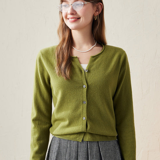 COMOBOCA Green 100% Wool Women's V-Neck Button Up Cardigan
