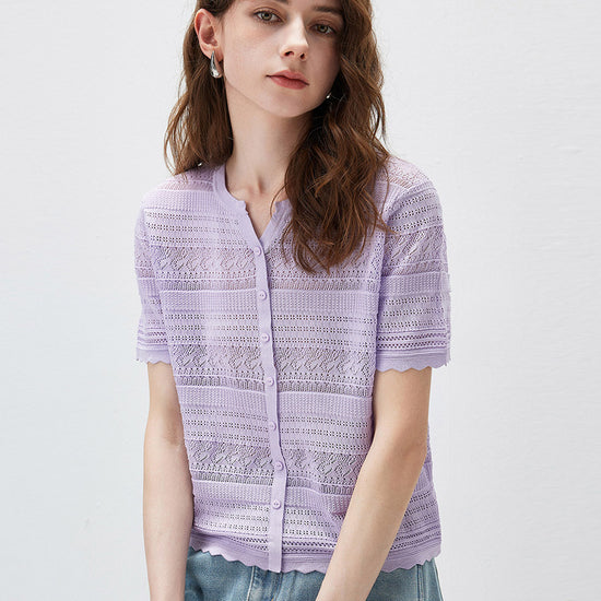 COMOBOCA Women's Scalloped Hem Openwork Knit Cardigan