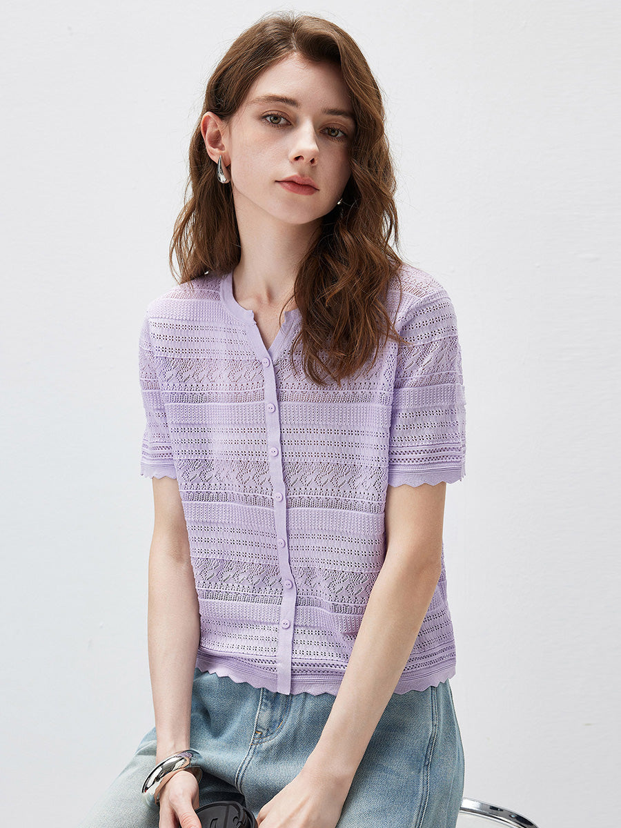 COMOBOCA Women's Scalloped Hem Openwork Knit Cardigan