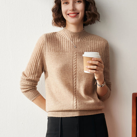 COMOBOCA XL CAMEL 100% Cashmere Women's Mock Neck Cable Knit Sweater