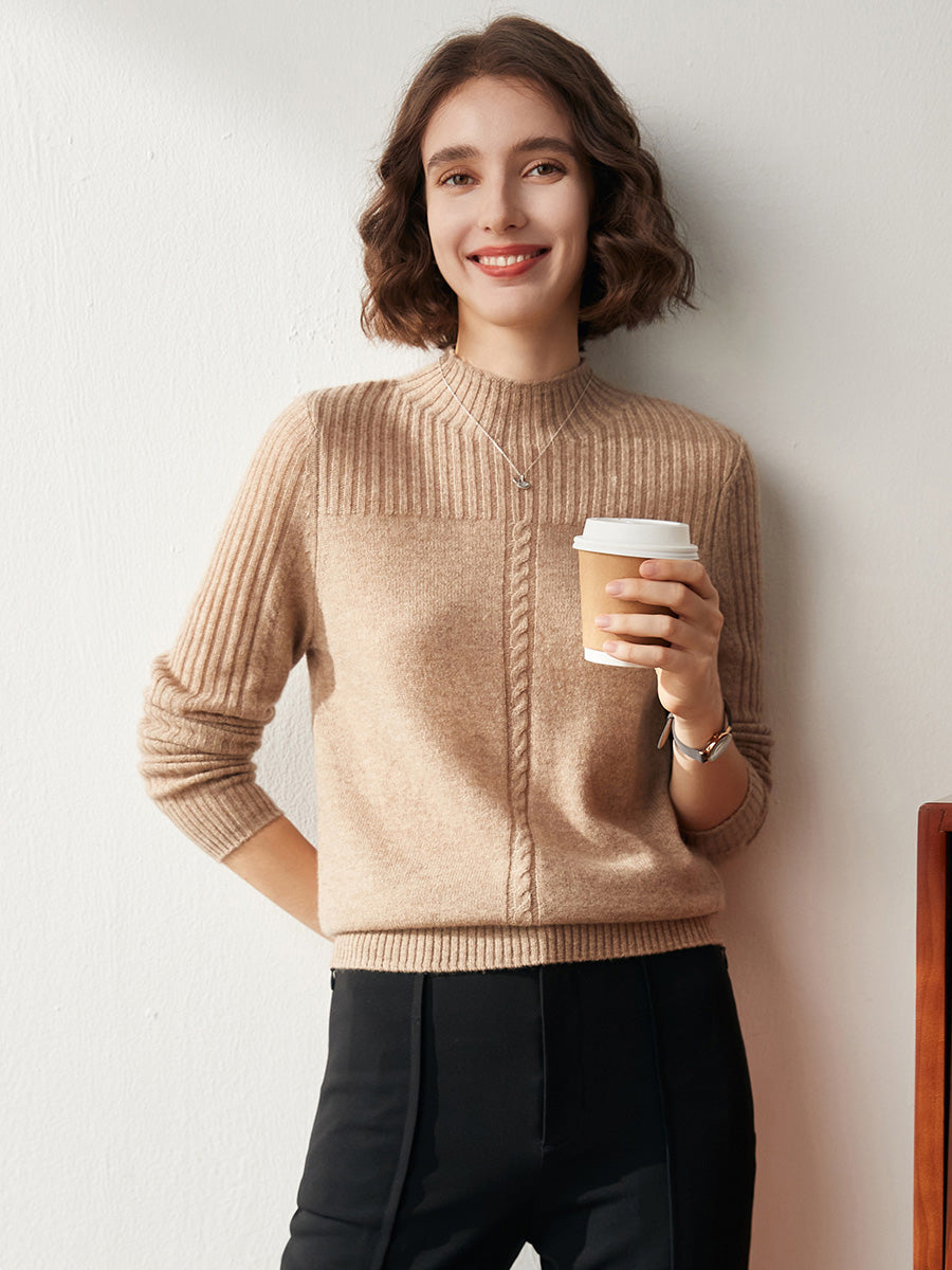 COMOBOCA XL CAMEL 100% Cashmere Women's Mock Neck Cable Knit Sweater