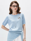 COMOBOCA Light Blue Women's Panda Motif Contrast Trim Knit T-Shirt