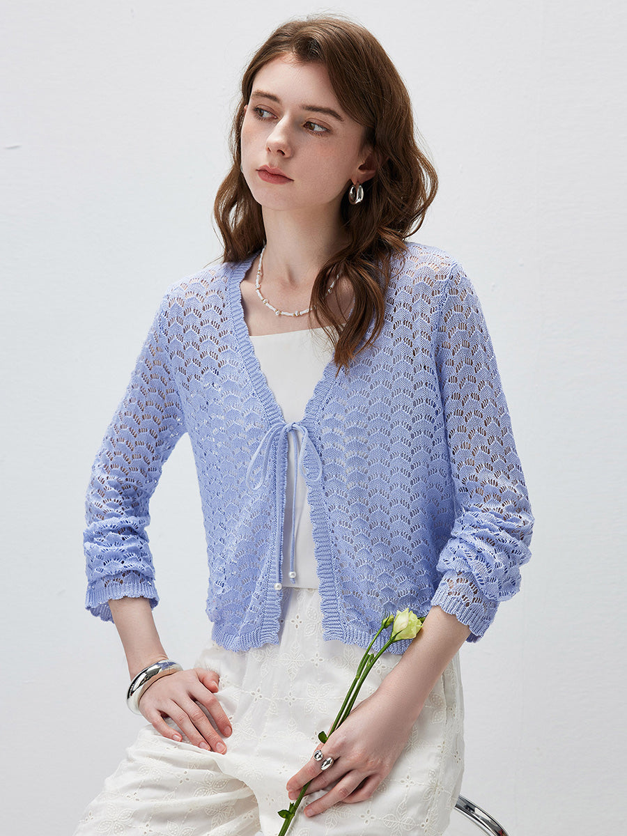 COMOBOCA Women's Linen Lace Knit Tie Front Cardigan