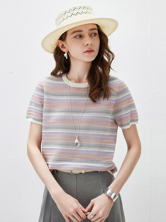 Women’s Silk-Cotton Contrast Stripe Knit Crew Neck Short Sleeve T-Shirt