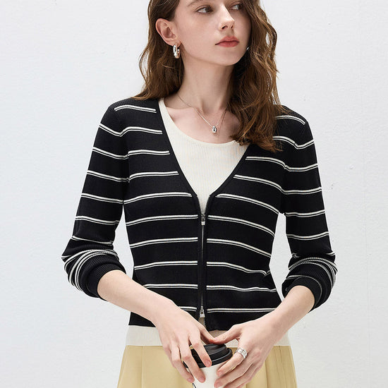 COMOBOCA Women's Striped Ribbed Knit Faux 2-in-1 Zip Cardigan