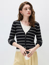 COMOBOCA Women's Striped Ribbed Knit Faux 2-in-1 Zip Cardigan