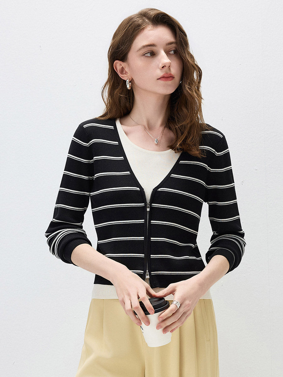 COMOBOCA Women's Striped Ribbed Knit Faux 2-in-1 Zip Cardigan