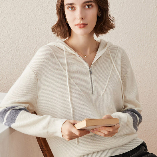 COMOBOCA 100% Cashmere Women's Half Zip Sweater Knit Hoodie