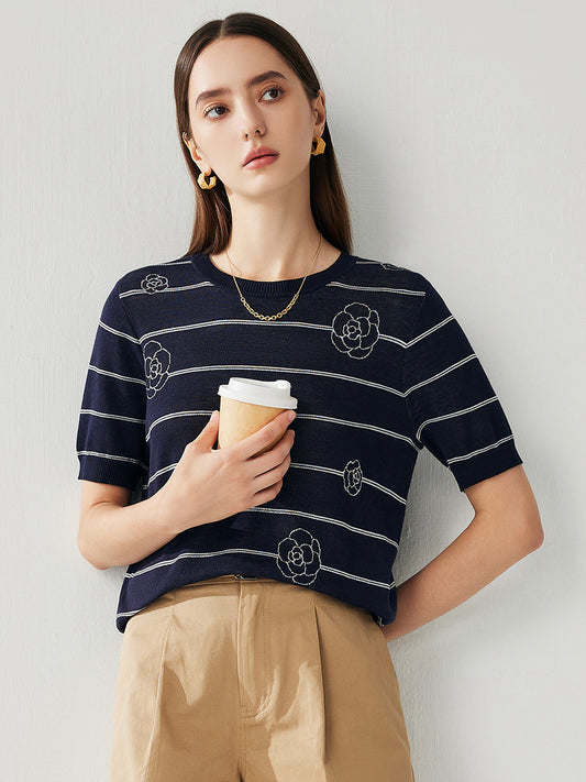 COMOBOCA Women's Striped Floral Knit T-Shirt